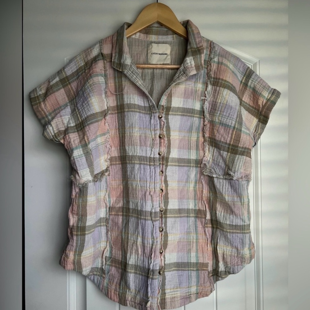 Lucky Brand Pastel Plaid Button-Down Shirt gauze muslin L